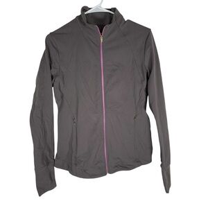 Lucy Womens Medium Full Zip Up Define Jacket Zipper Pockets Gray Pink Trim